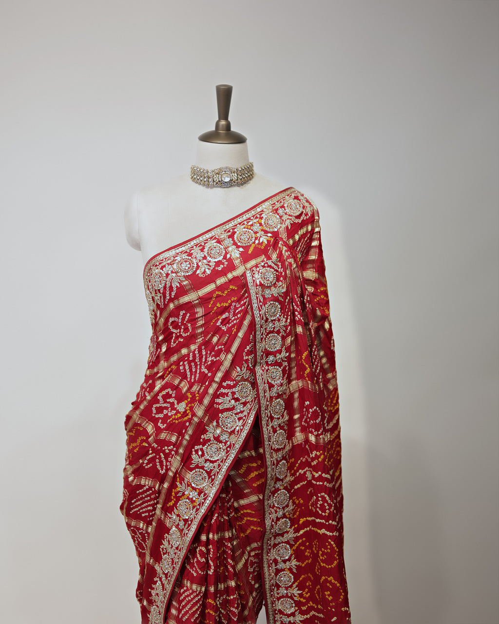 CRIMSON RED BANDHEJ GHARCHOLA SAREE