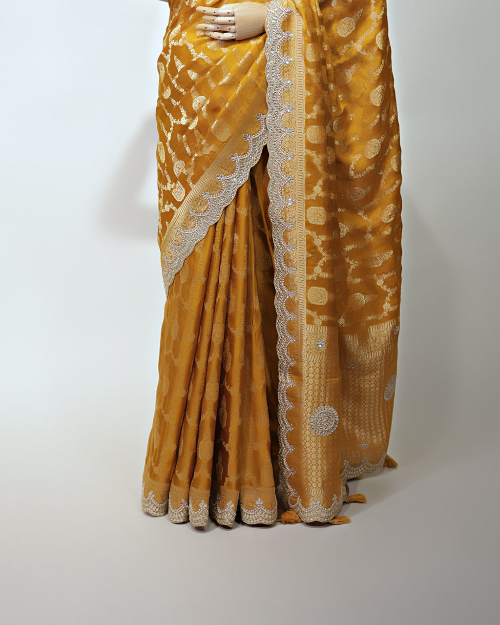 MUSTARD YELLOW BANARASI CREPE SAREE