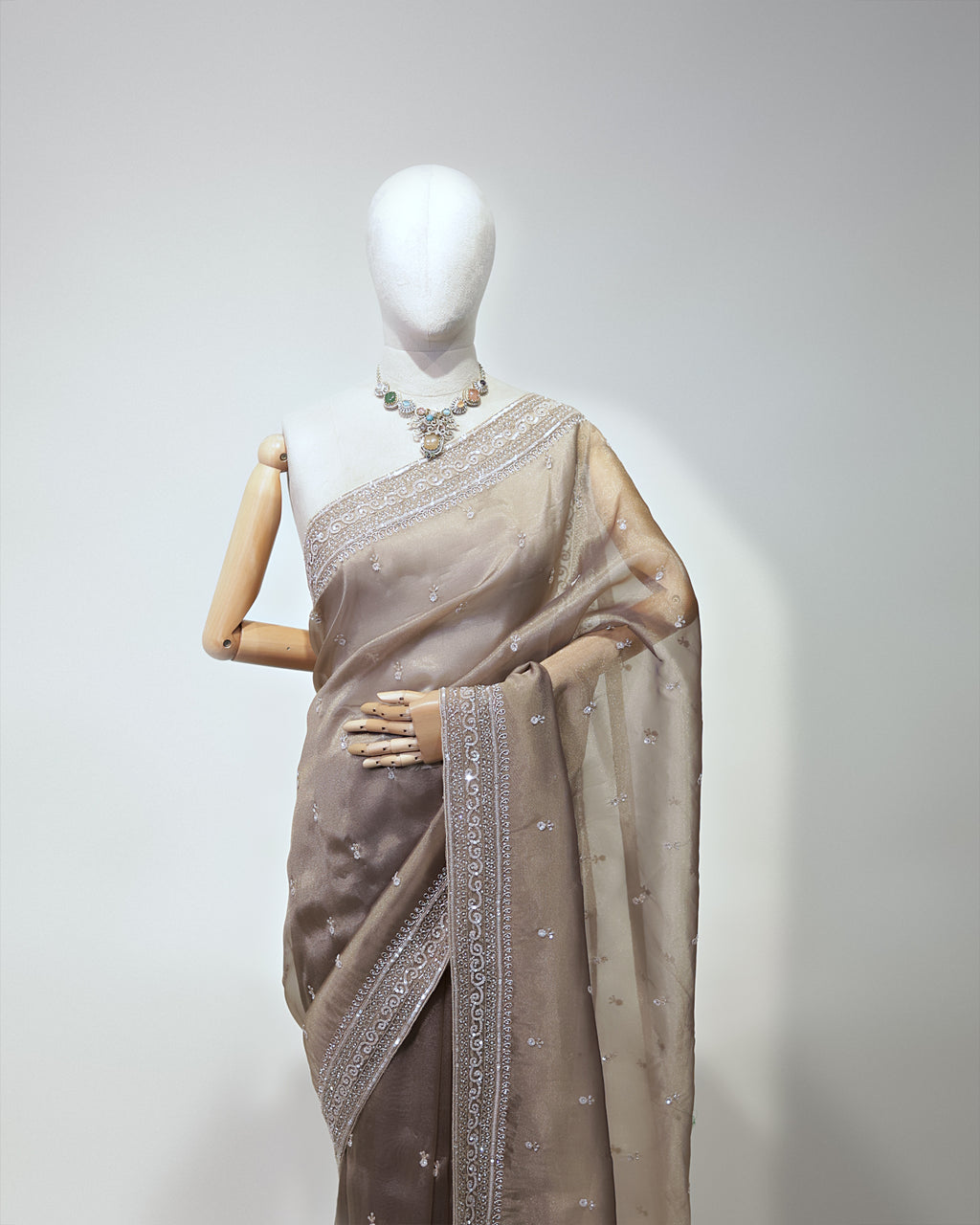 TAUPE EMBELLISHED TISSUE SAREE