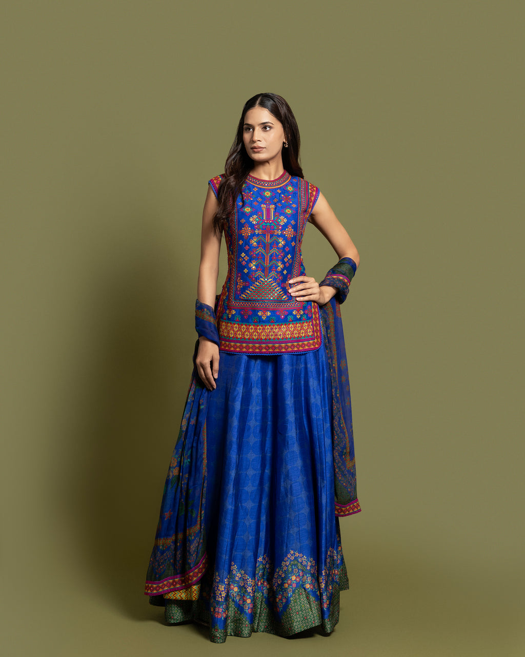 COBALT RESHAM TUNIC SKIRT SET WITH DUPATTA