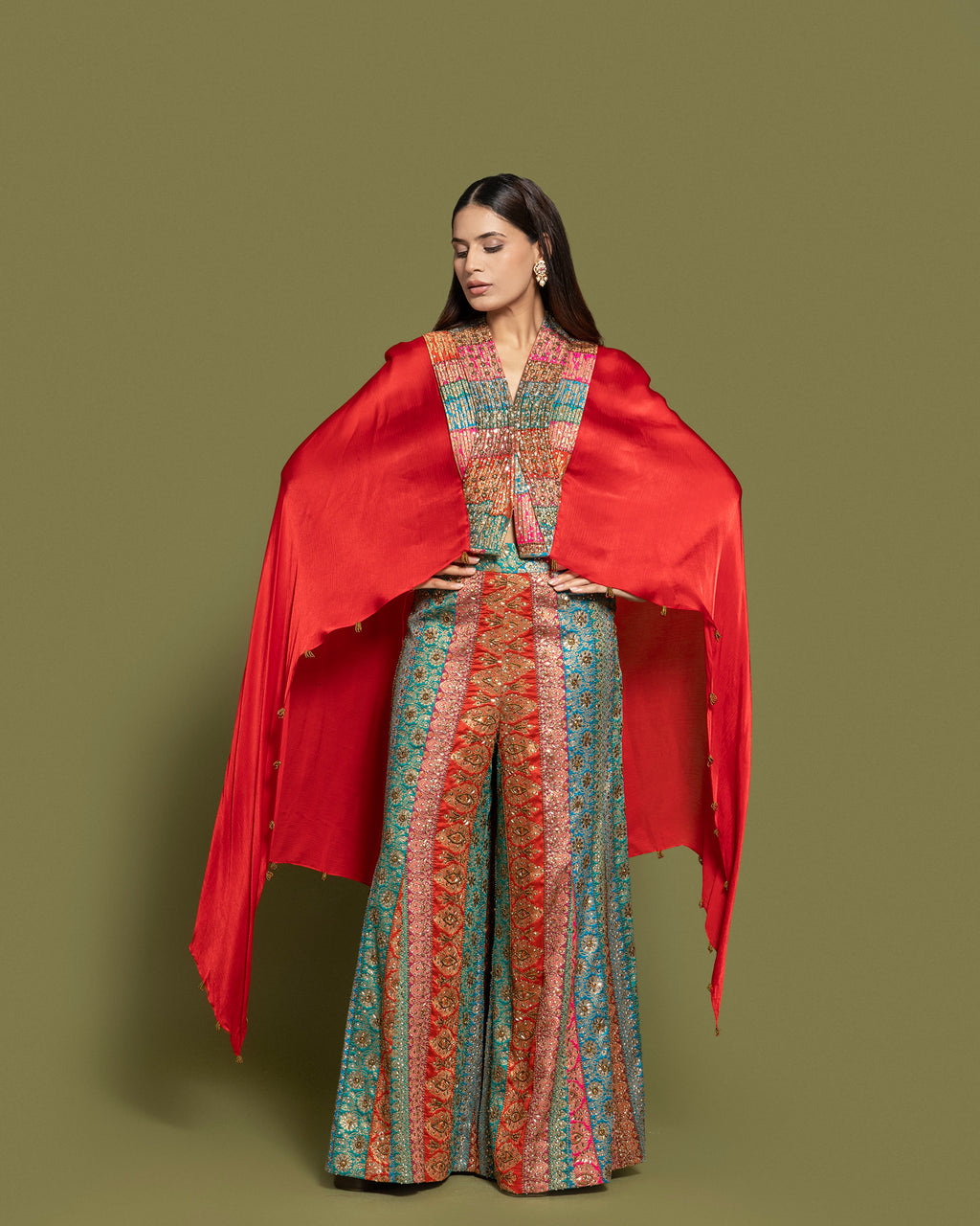 MULTI-KALI BANARASI CAPE AND PALAZZO SET