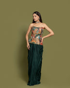 BOTTLE GREEN CORSET & DRAPE SKIRT WITH CAPE