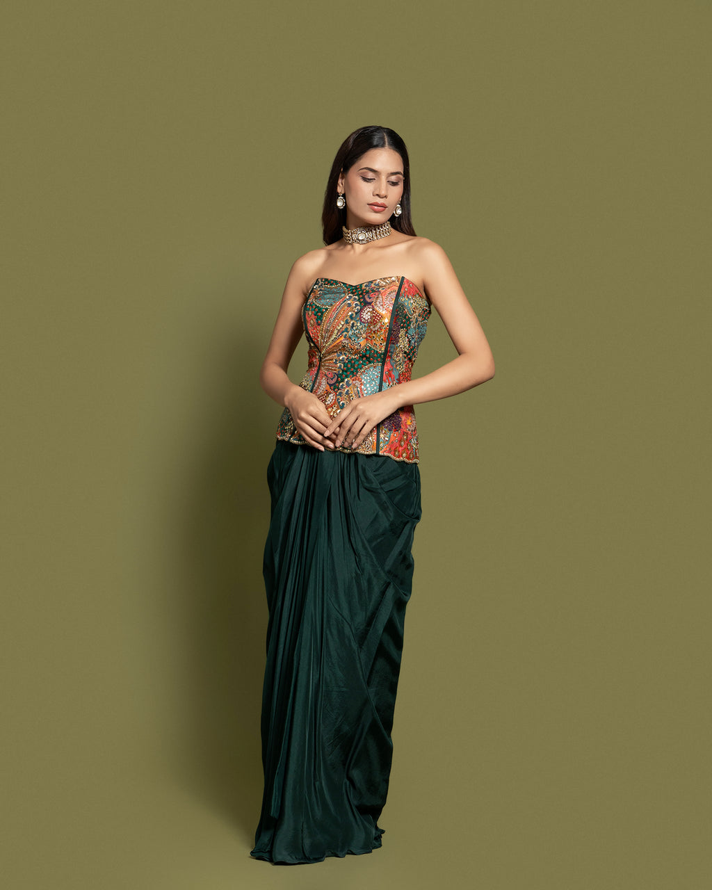 BOTTLE GREEN CORSET & DRAPE SKIRT WITH CAPE