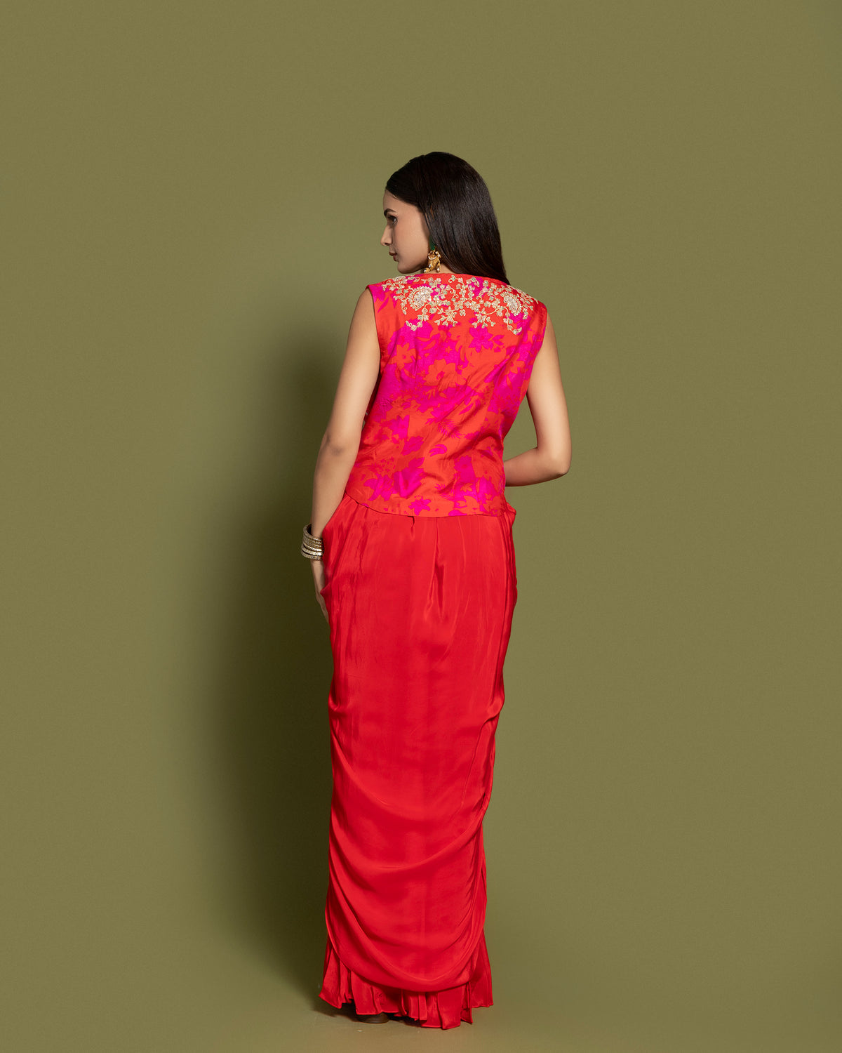 RANI & TOMATO RED SILK DRAPE SKIRT SET