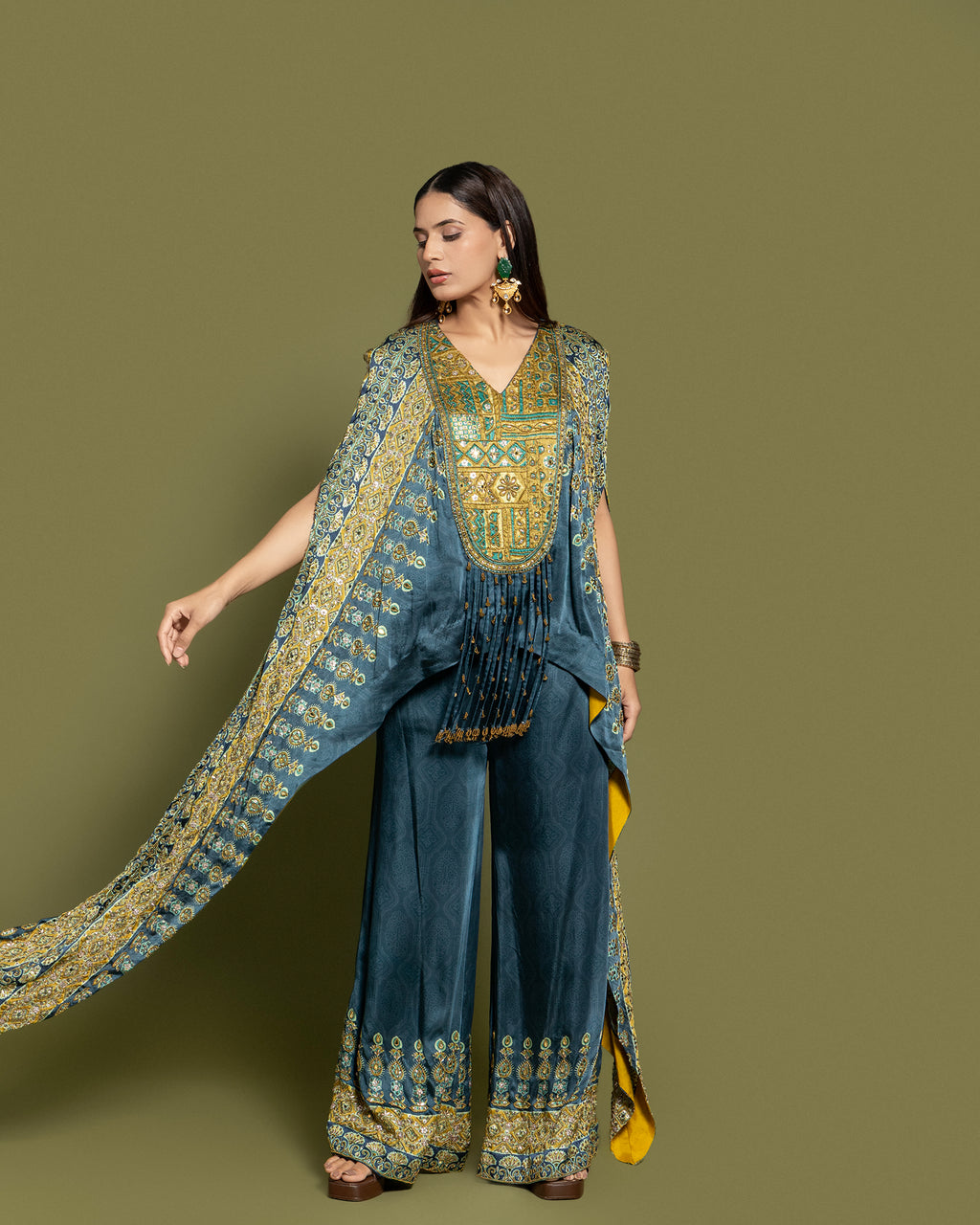 CERULEAN EMBELLISHED KAFTAN & PALAZZO ENSEMBLE