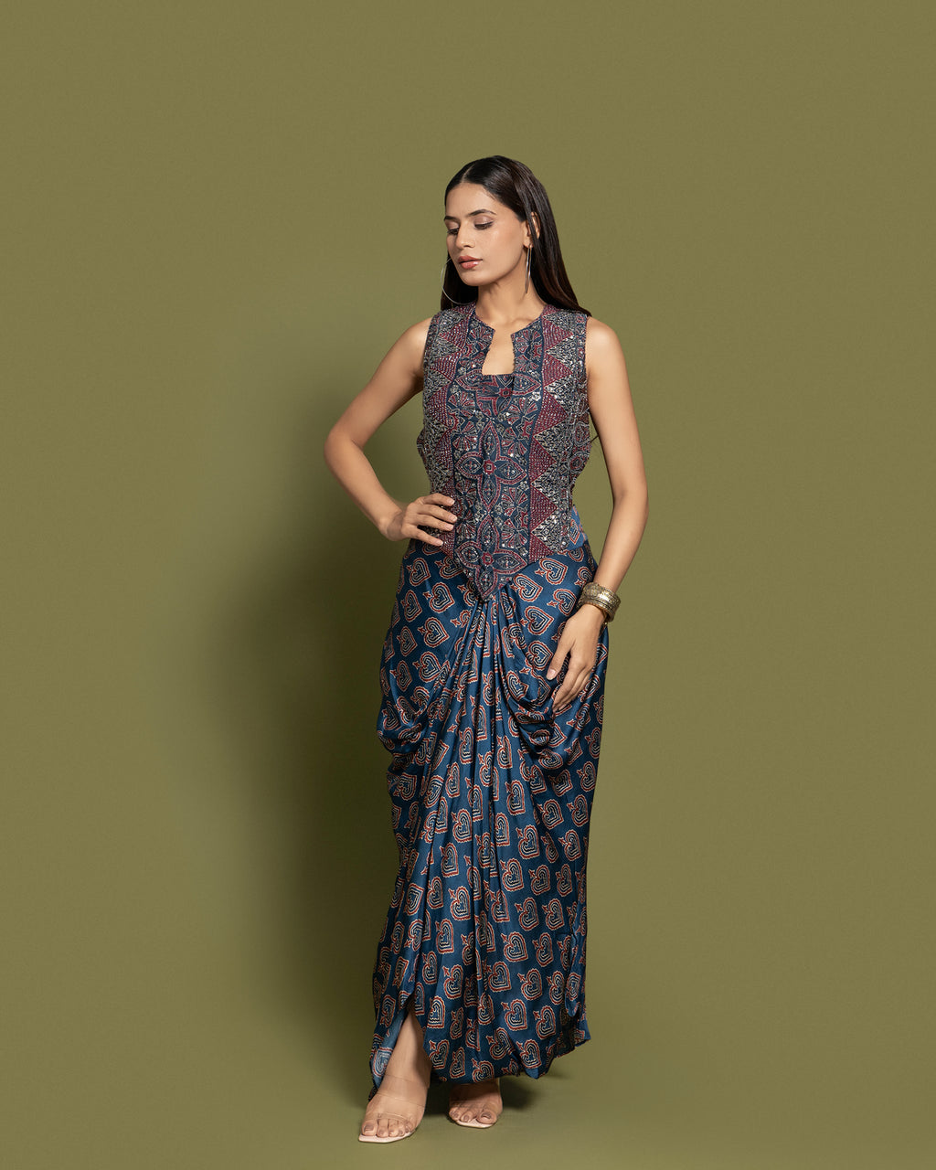 AJRAKH CORSET & DRAPE SKIRT ENSEMBLE