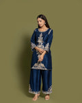 NAVY BLUE EMBROIDERED SHORT KURTI SET