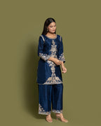NAVY BLUE EMBROIDERED SHORT KURTI SET