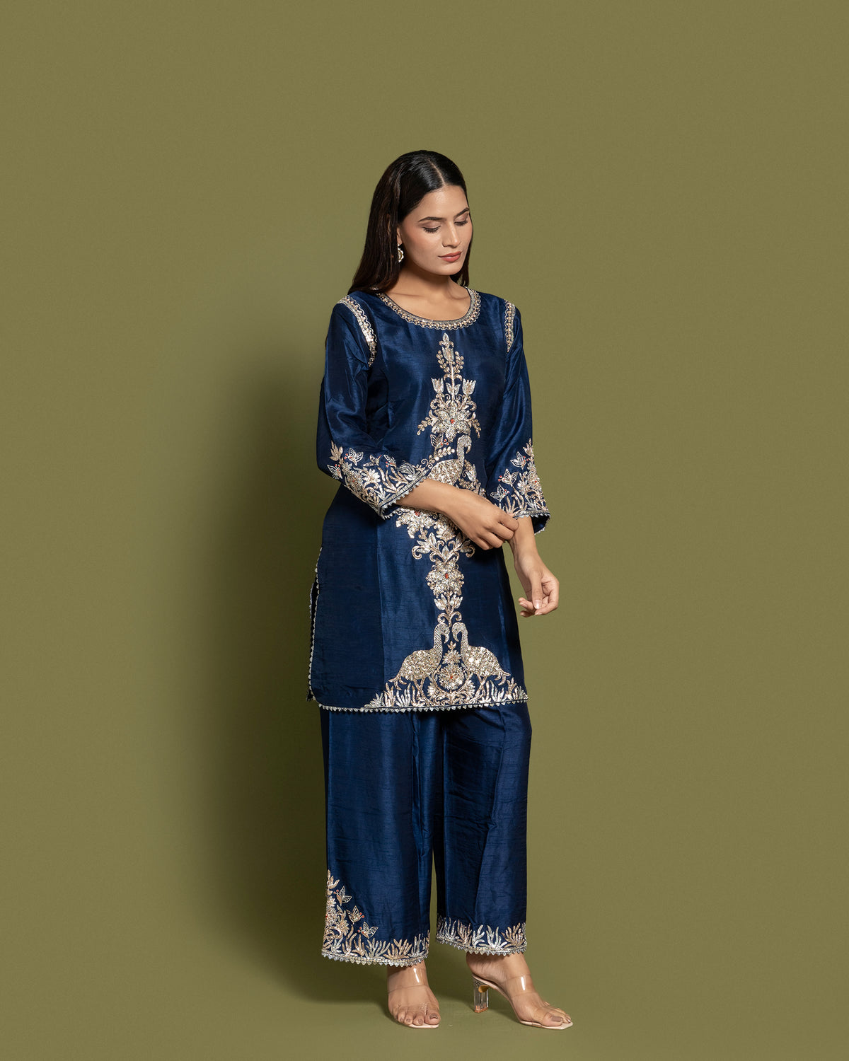 NAVY BLUE EMBROIDERED SHORT KURTI SET