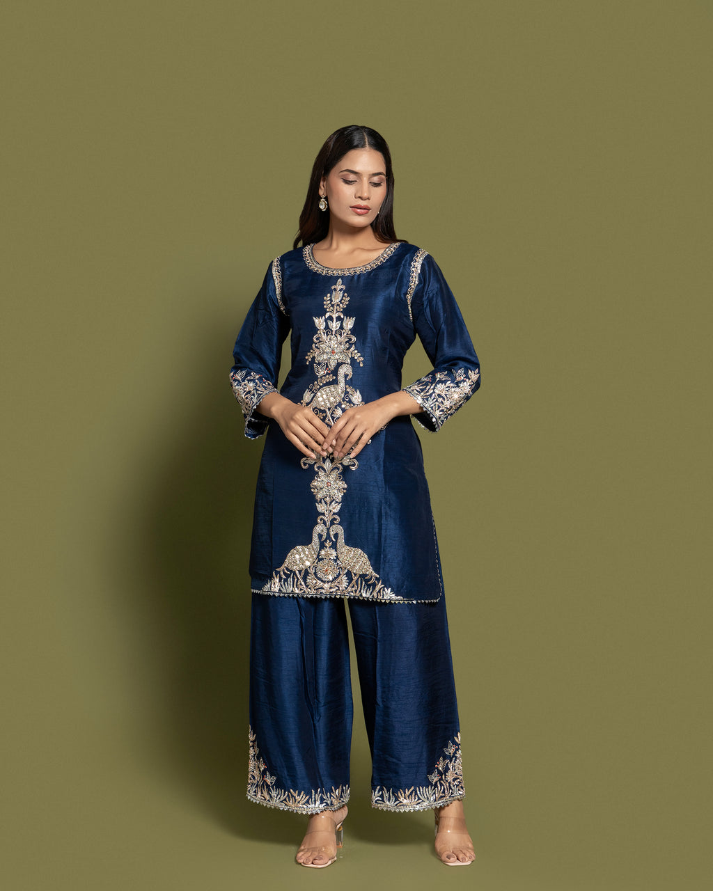 NAVY BLUE EMBROIDERED SHORT KURTI SET