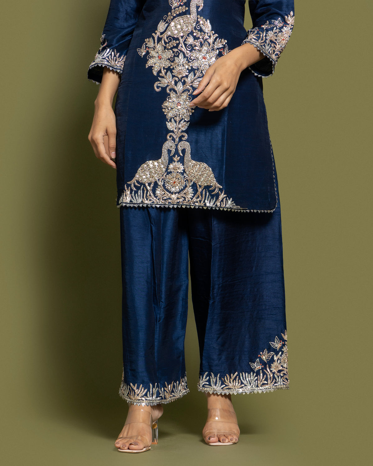 NAVY BLUE EMBROIDERED SHORT KURTI SET