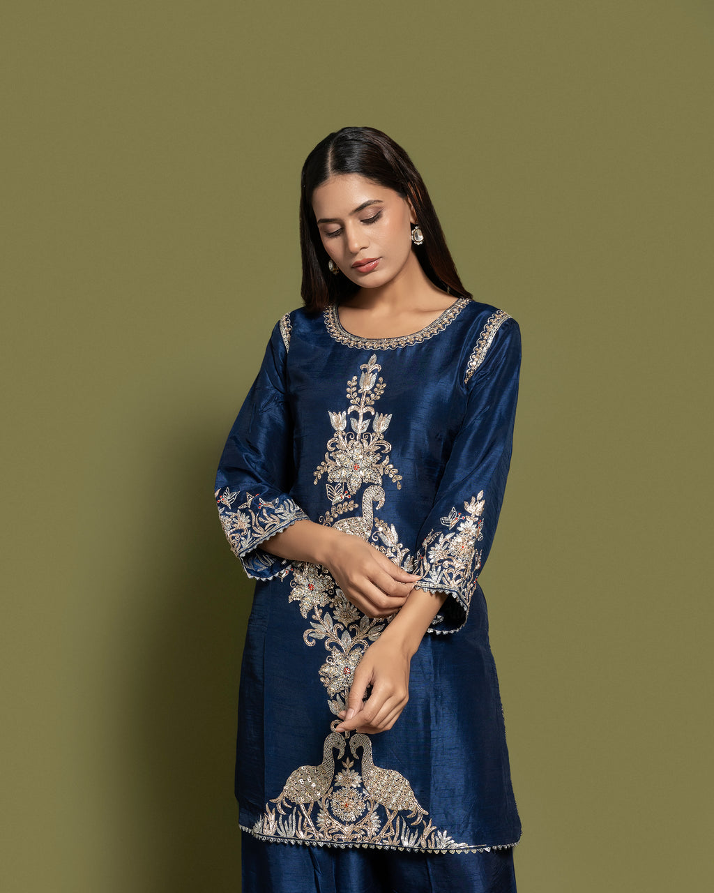 NAVY BLUE EMBROIDERED SHORT KURTI SET