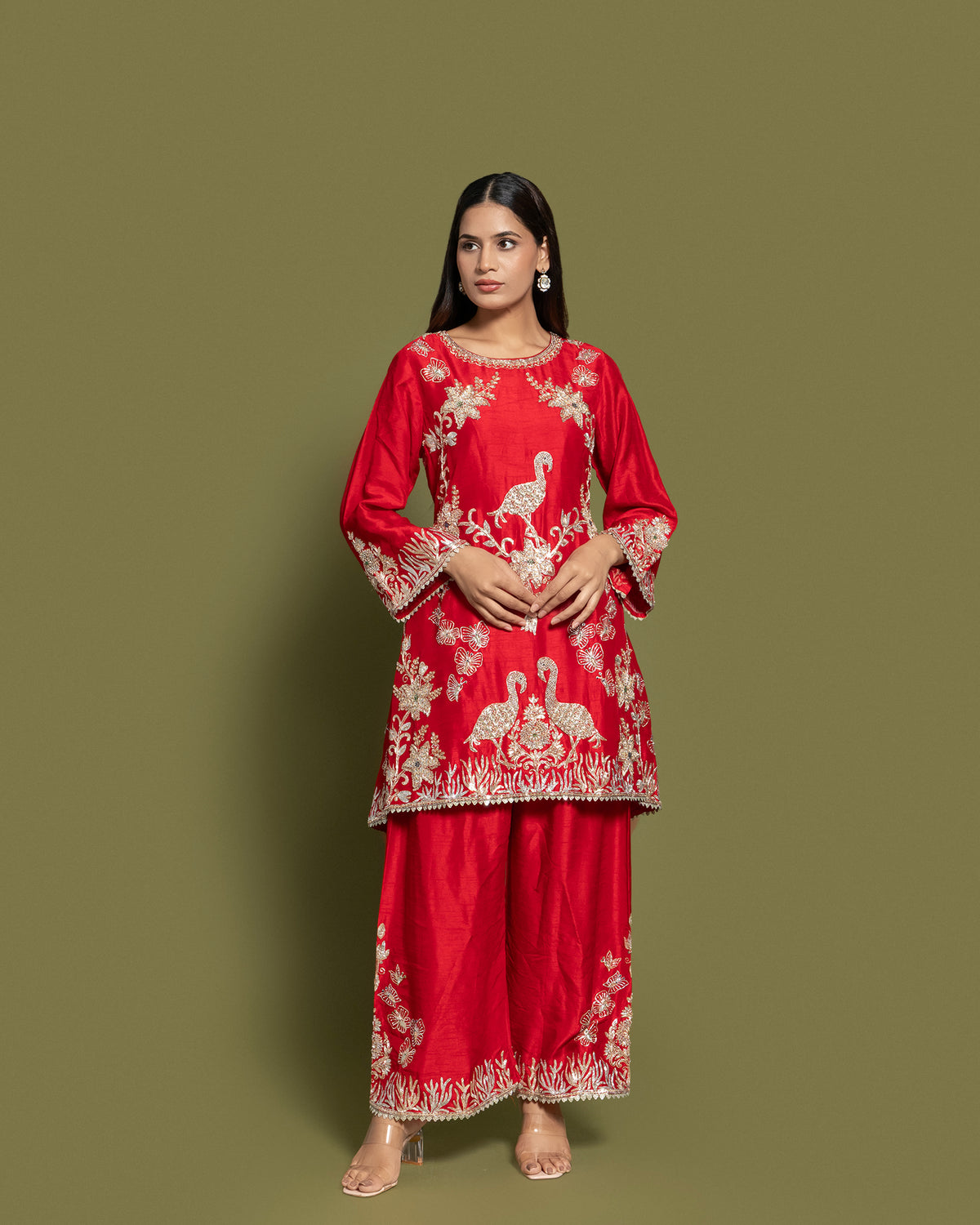 SCARLET RED EMBROIDERED SHORT KURTI SET