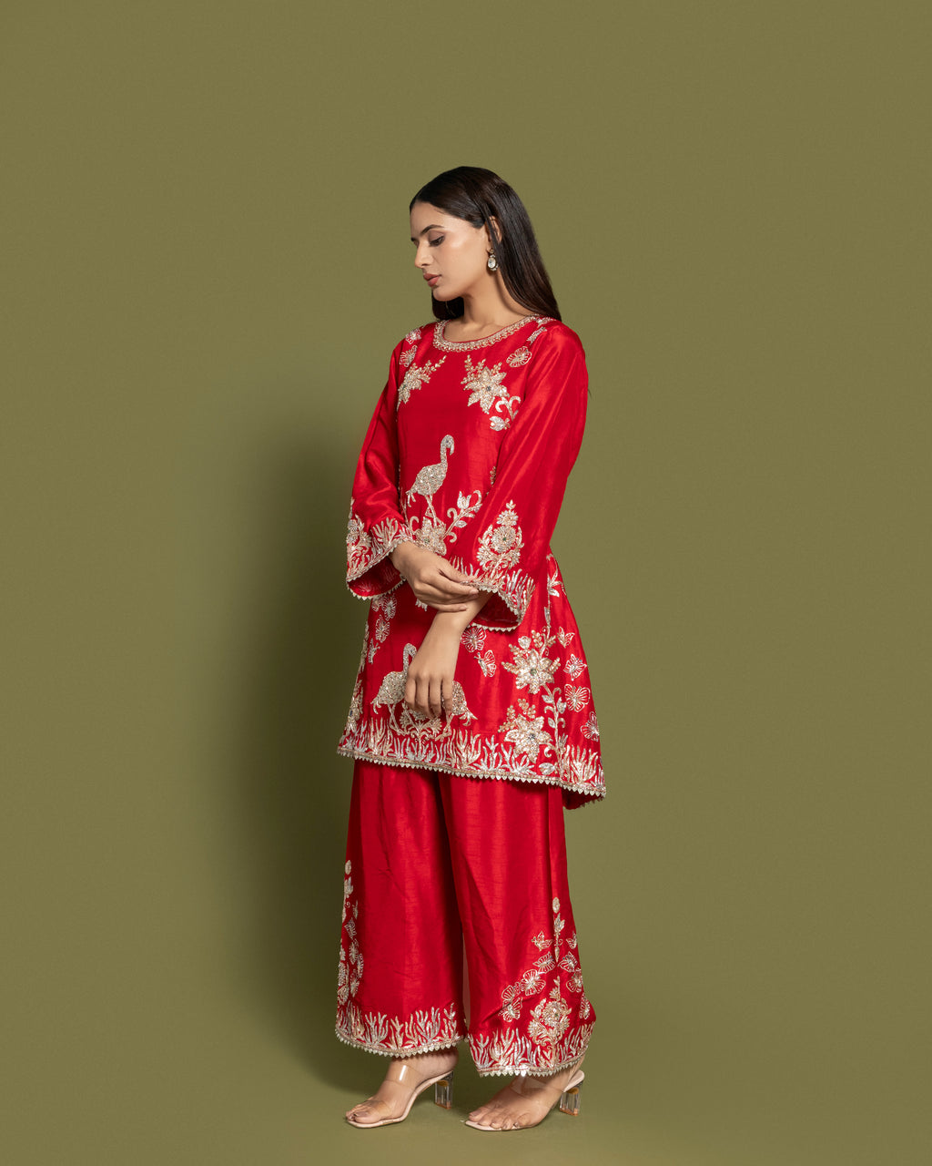 SCARLET RED EMBROIDERED SHORT KURTI SET
