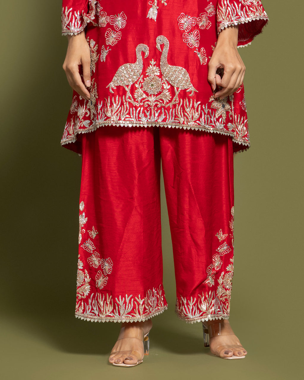 SCARLET RED EMBROIDERED SHORT KURTI SET