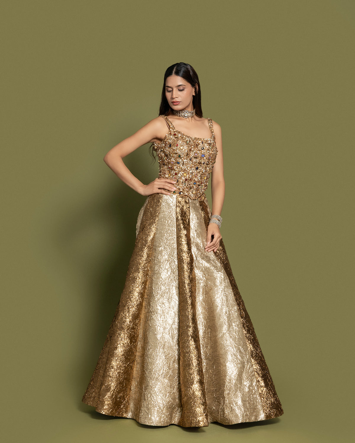 CHAMPAGNE GOLD CORSET LEHENGA SET