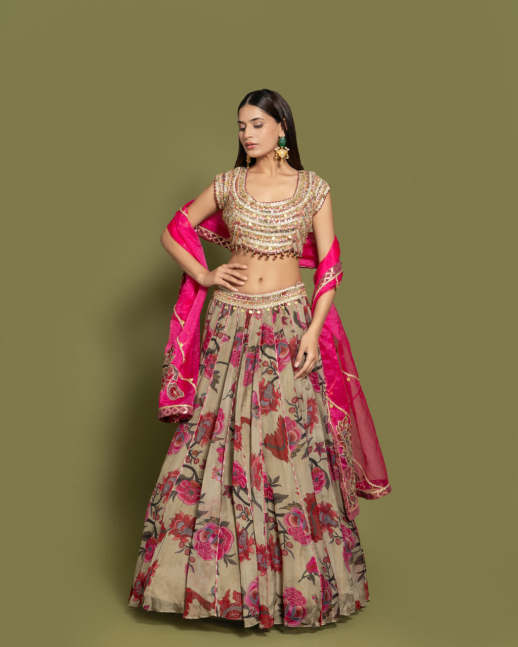 SAGE GREEN FLORAL PRINTED LEHENGA SET