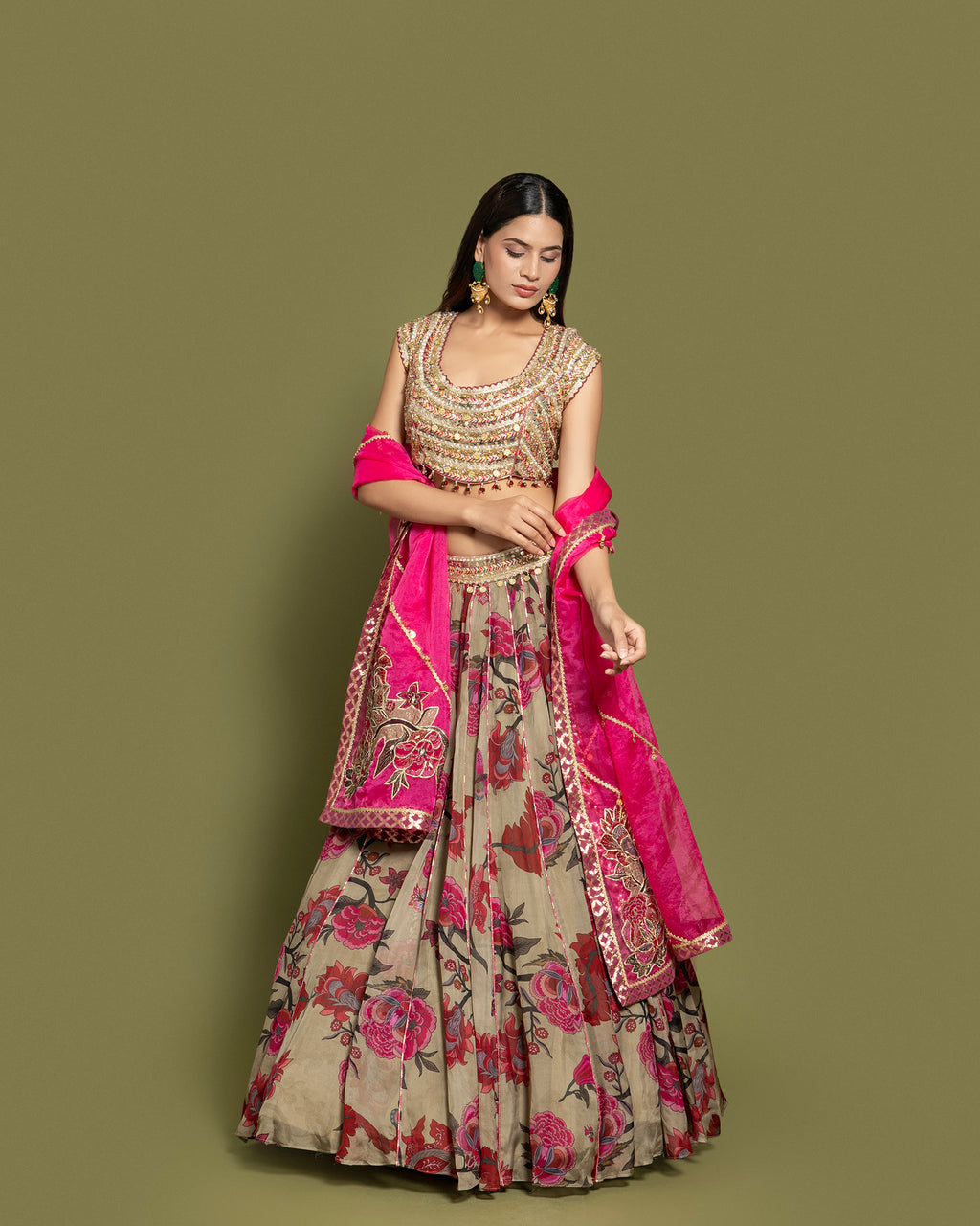 SAGE GREEN FLORAL PRINTED LEHENGA SET