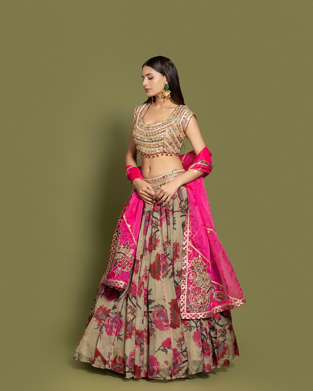 SAGE GREEN FLORAL PRINTED LEHENGA SET