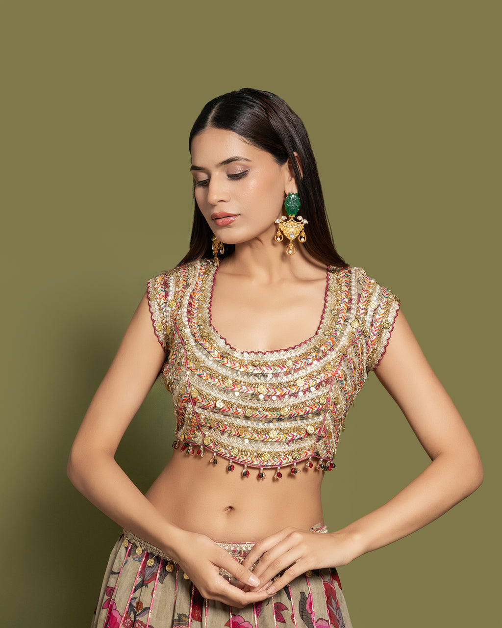 SAGE GREEN FLORAL PRINTED LEHENGA SET