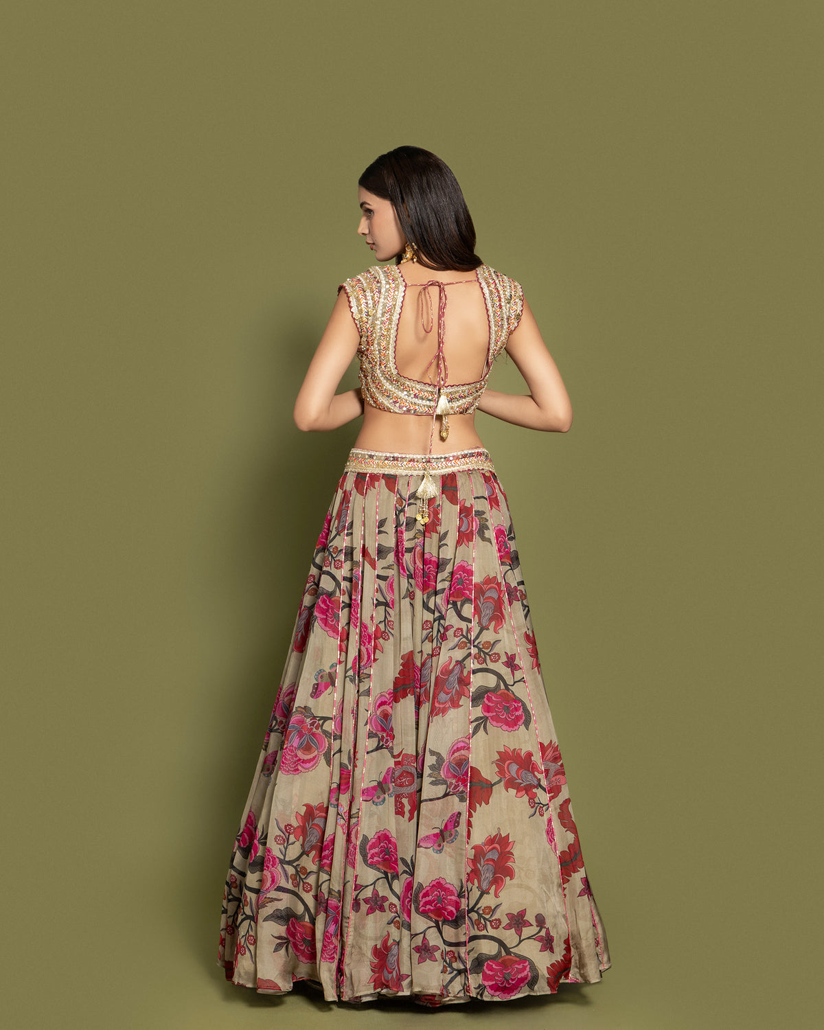 SAGE GREEN FLORAL PRINTED LEHENGA SET