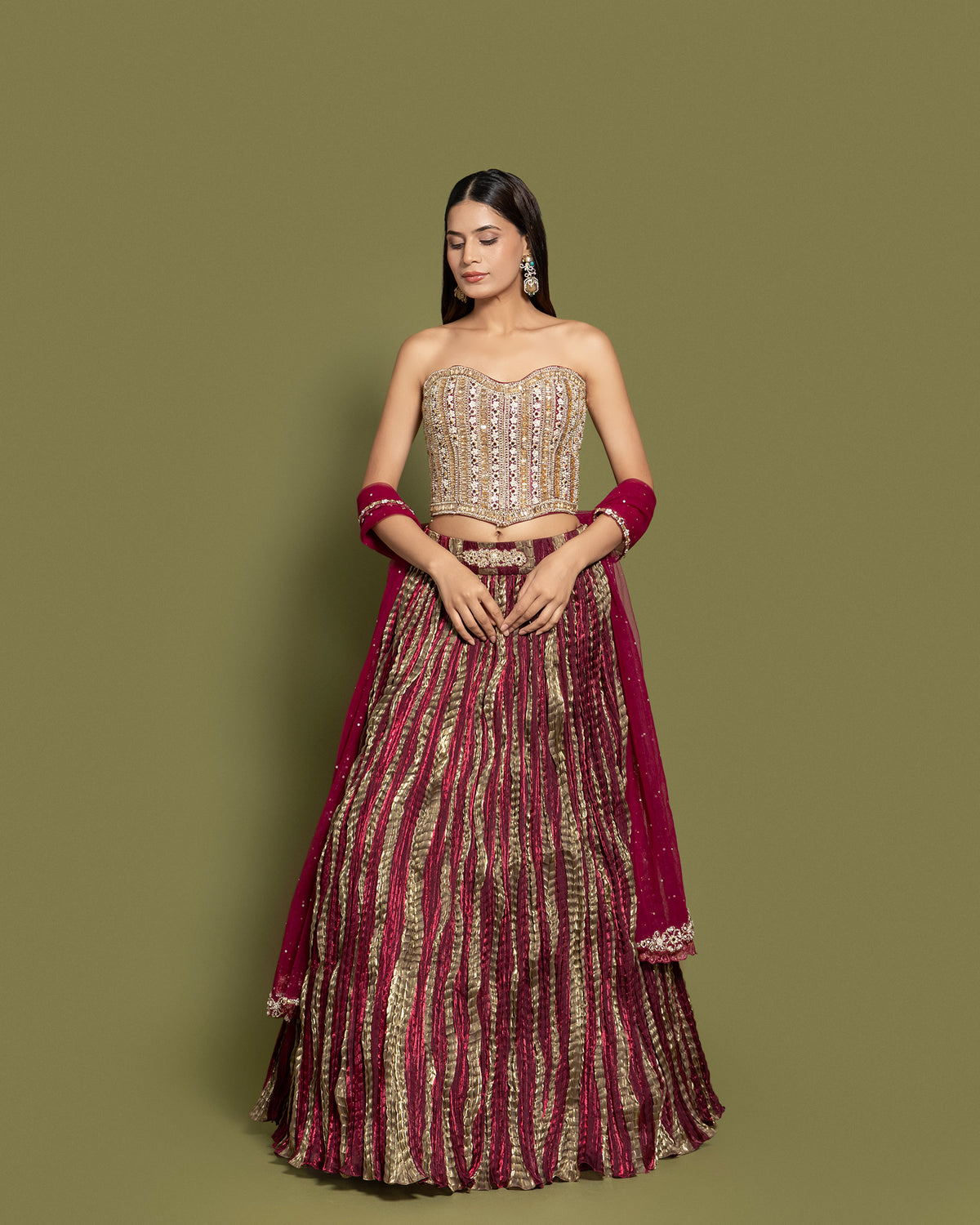 WINE EMBELLISHED CORSET LEHENGA SET