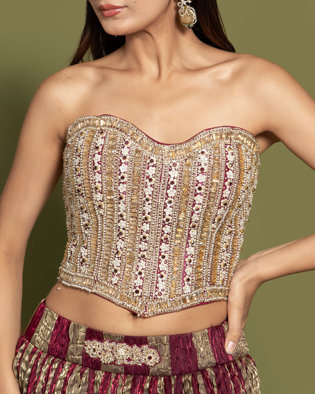 WINE EMBELLISHED CORSET LEHENGA SET