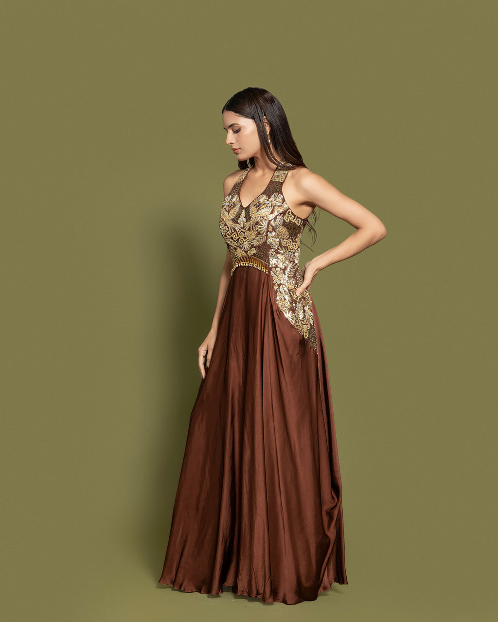 MOCHA BROWN EMBELLISHED INDO-WESTERN GOWN