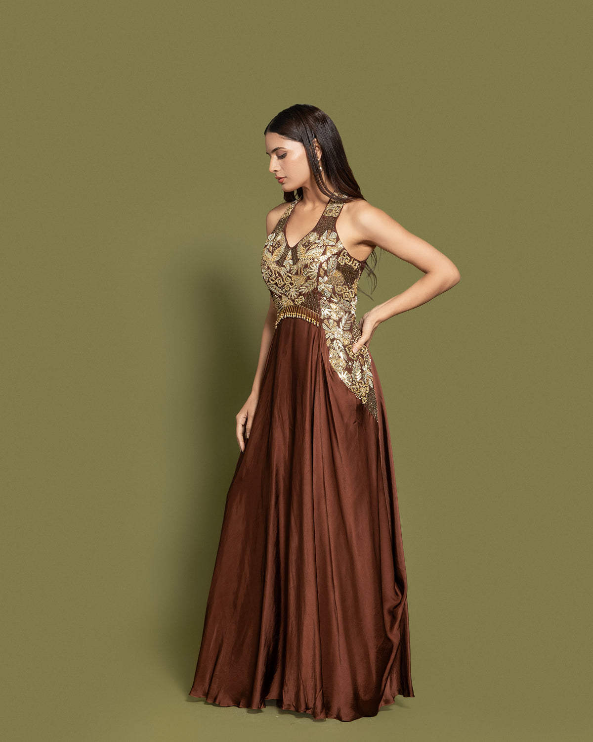 MOCHA BROWN EMBELLISHED INDO-WESTERN GOWN