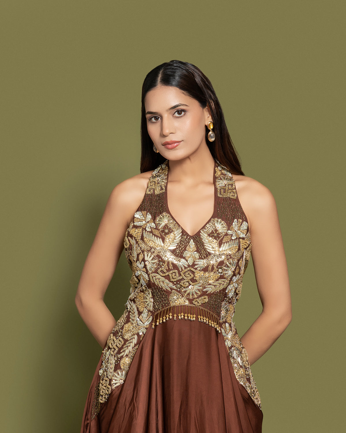 MOCHA BROWN EMBELLISHED INDO-WESTERN GOWN