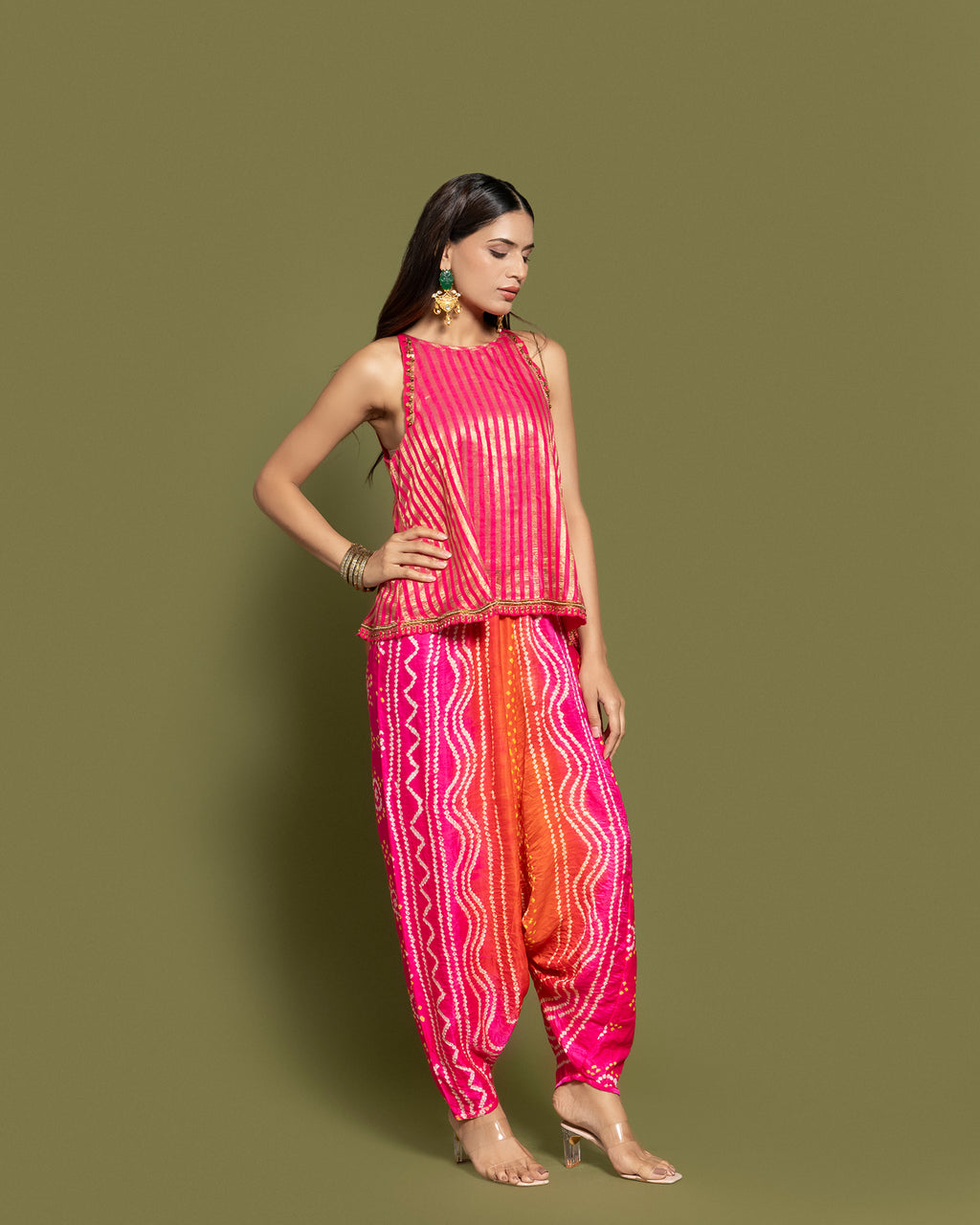 METALLIC RANI STRIPED BANDHEJ DHOTI SET
