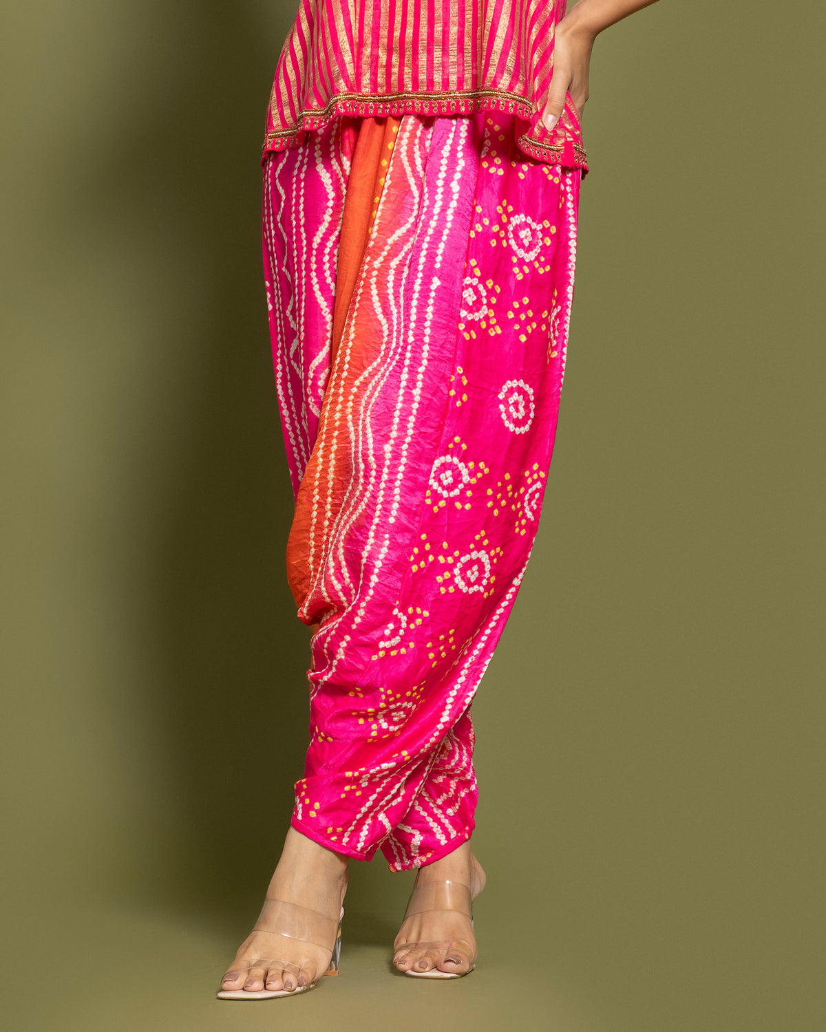 METALLIC RANI STRIPED BANDHEJ DHOTI SET