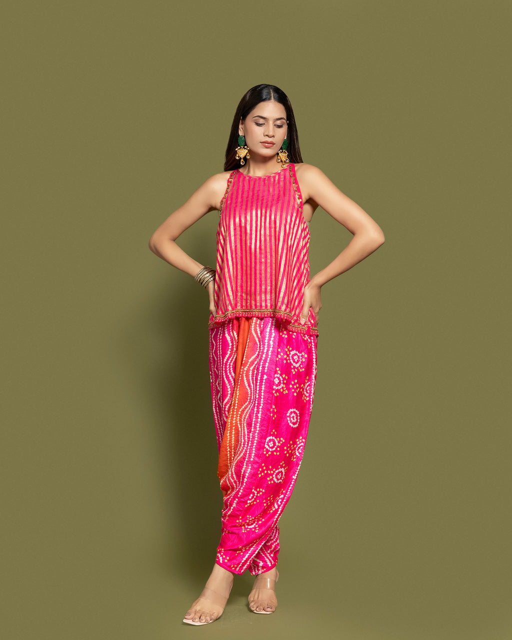 METALLIC RANI STRIPED BANDHEJ DHOTI SET