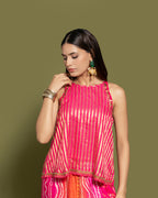 METALLIC RANI STRIPED BANDHEJ DHOTI SET