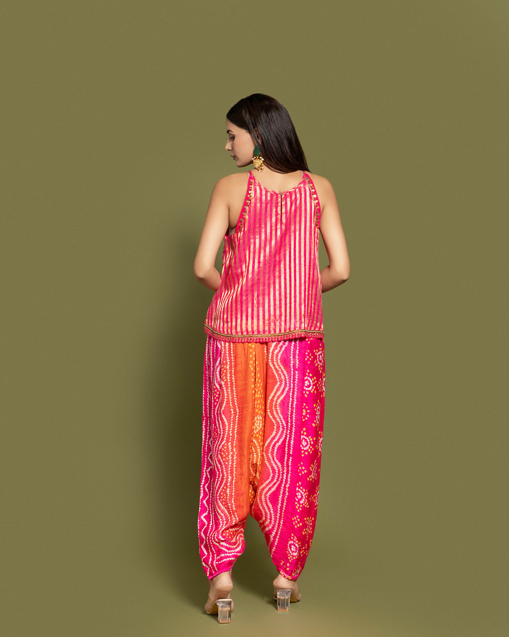 METALLIC RANI STRIPED BANDHEJ DHOTI SET