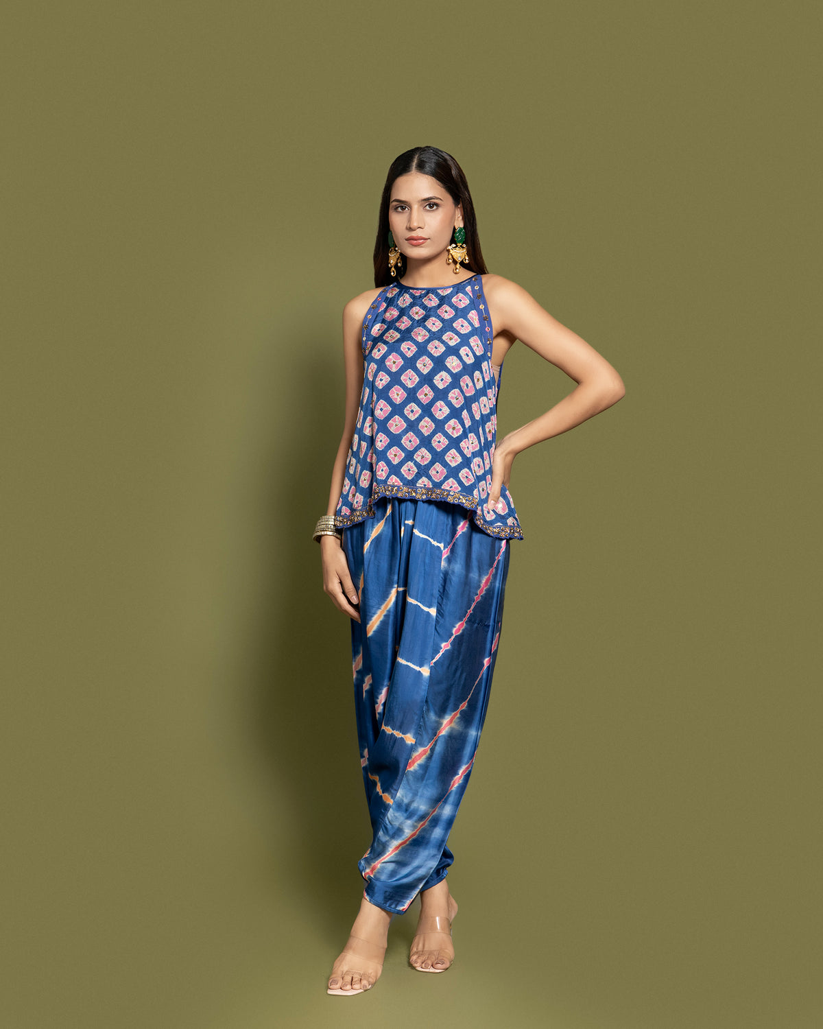 INDIGO AND RANI BANDHEJ DHOTI PANTS SET