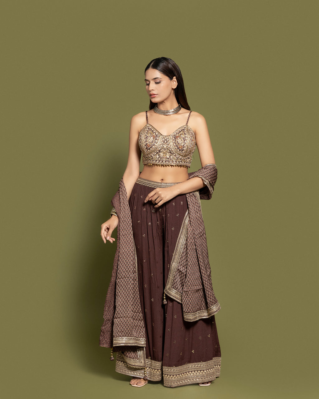 COFFEE BROWN AJRAKH PRINT CROP TOP & PALAZZO ENSEMBLE