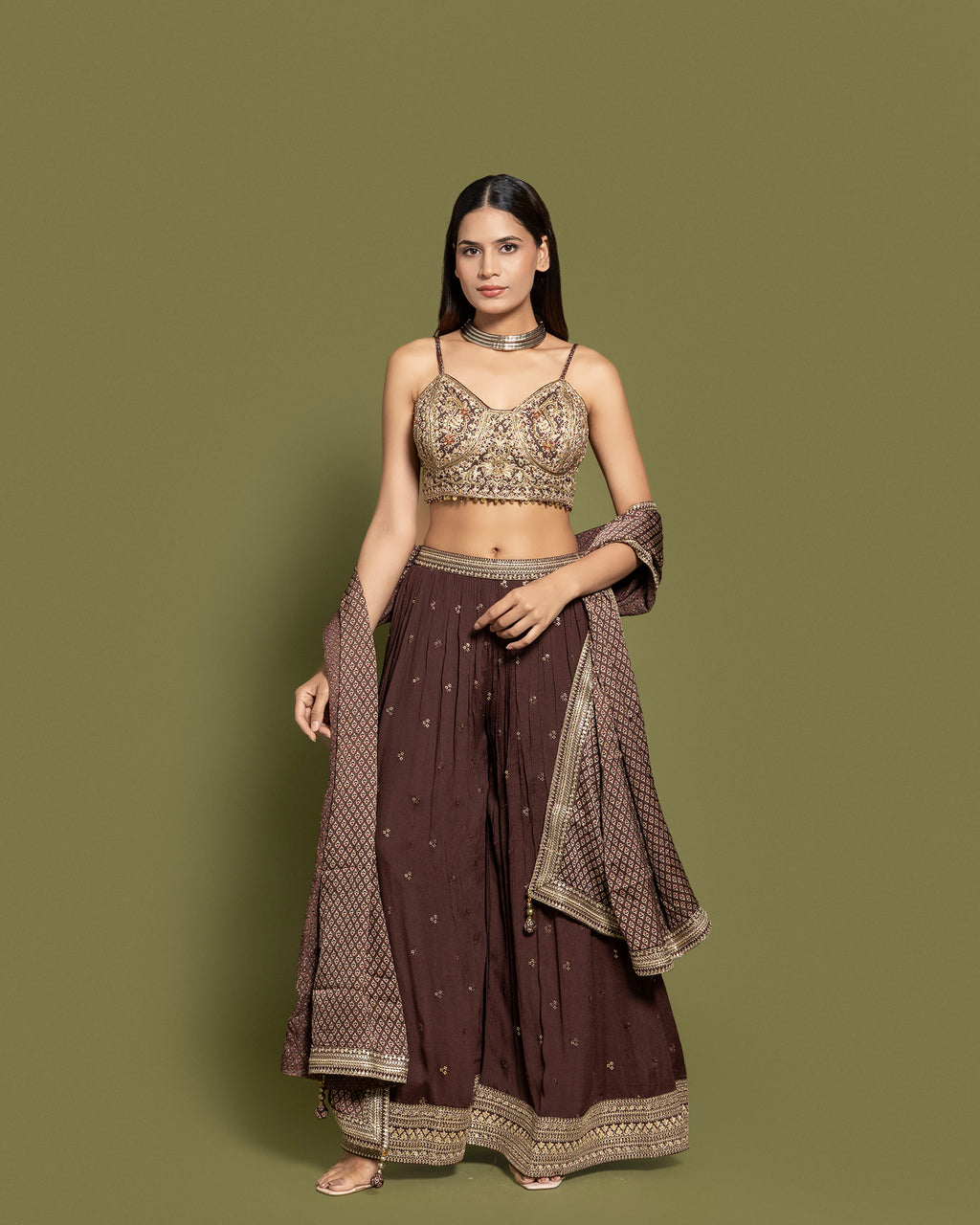 COFFEE BROWN AJRAKH PRINT CROP TOP & PALAZZO ENSEMBLE