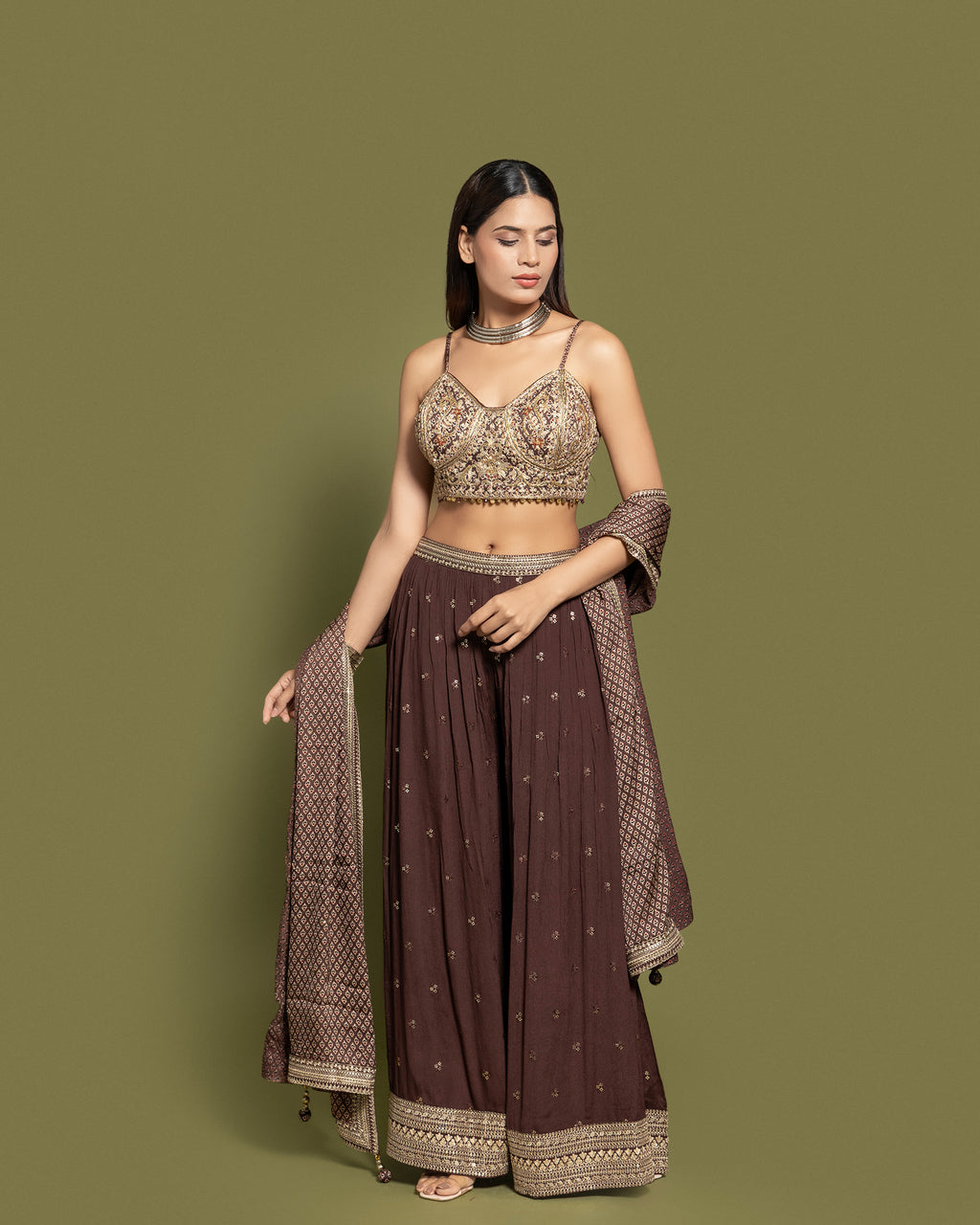 COFFEE BROWN AJRAKH PRINT CROP TOP & PALAZZO ENSEMBLE