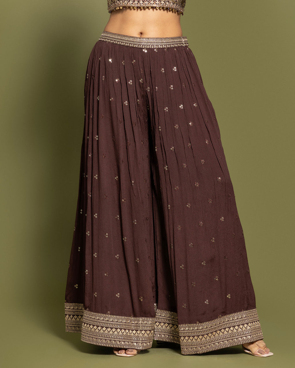 COFFEE BROWN AJRAKH PRINT CROP TOP & PALAZZO ENSEMBLE