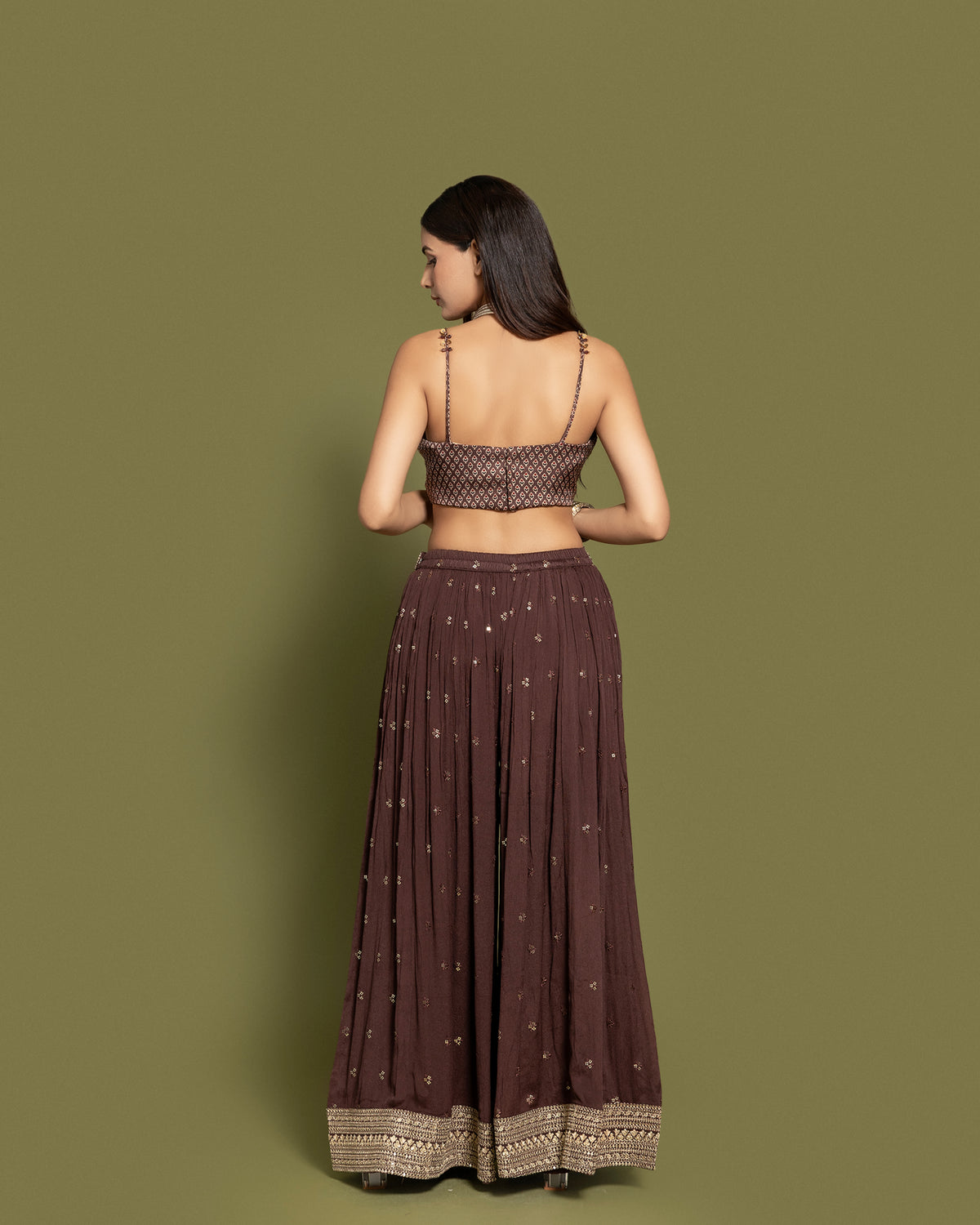 COFFEE BROWN AJRAKH PRINT CROP TOP & PALAZZO ENSEMBLE