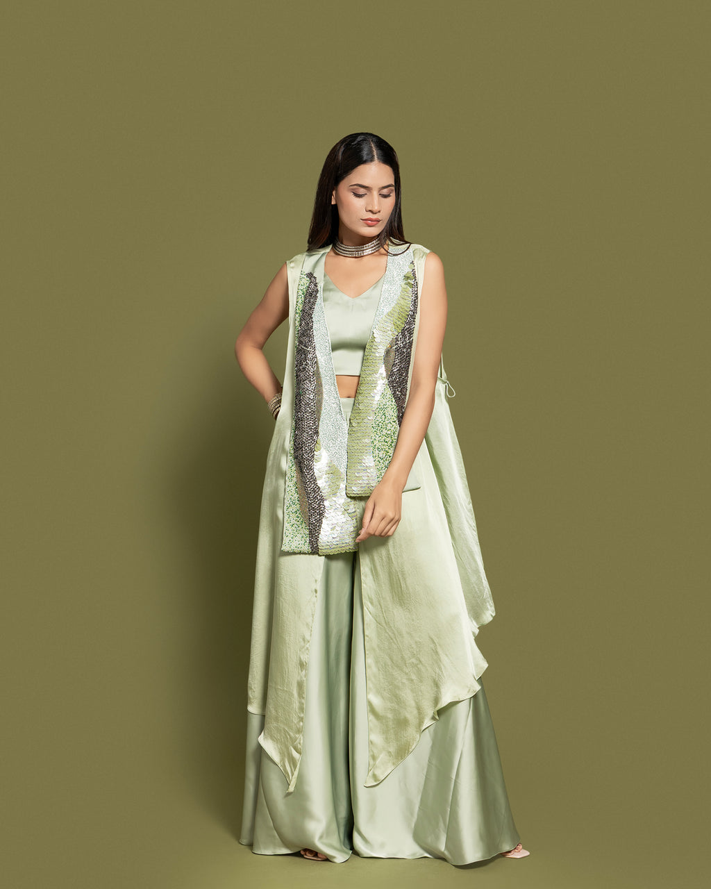 SAGE GREEN EMBELLISHED FUSION ENSEMBLE