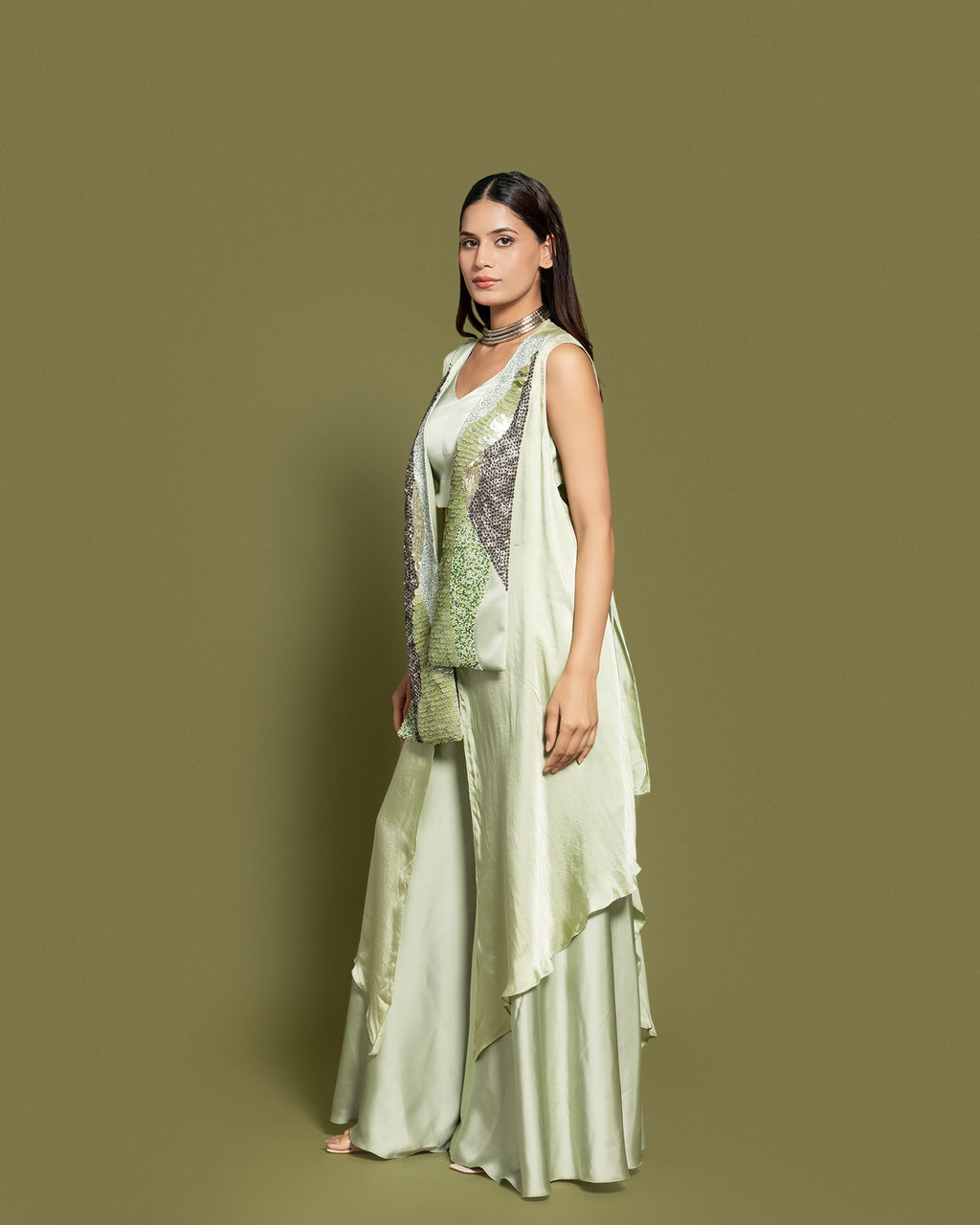 SAGE GREEN EMBELLISHED FUSION ENSEMBLE