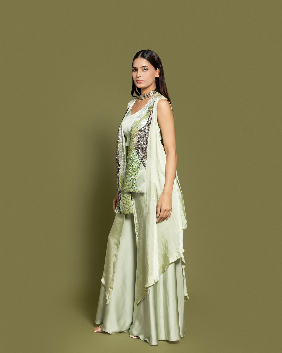 SAGE GREEN EMBELLISHED FUSION ENSEMBLE