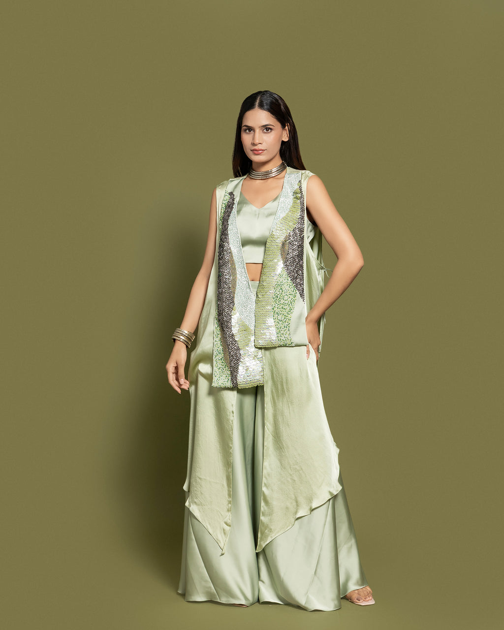 SAGE GREEN EMBELLISHED FUSION ENSEMBLE