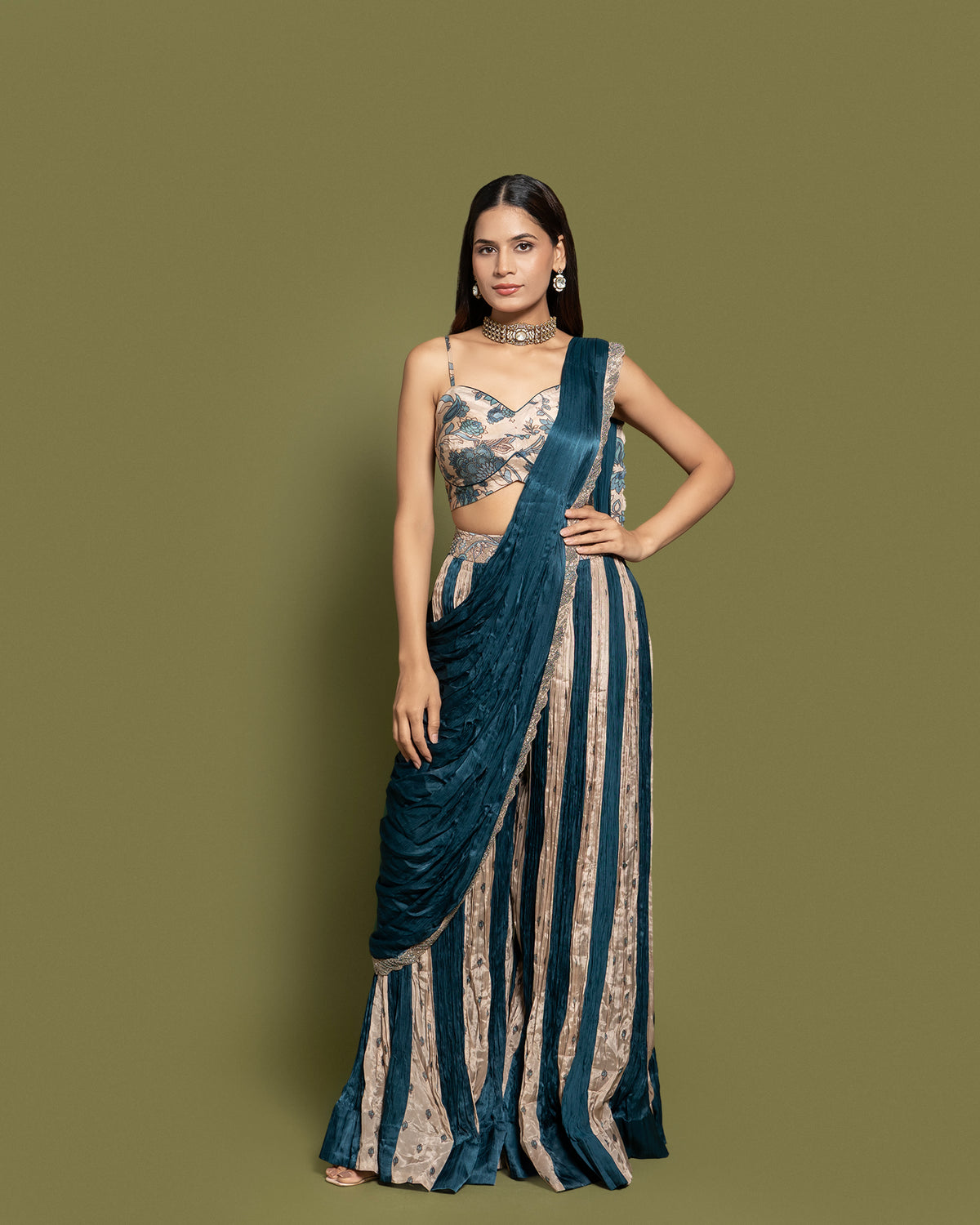 TEAL & BEIGE PRE-DRAPED SAREE