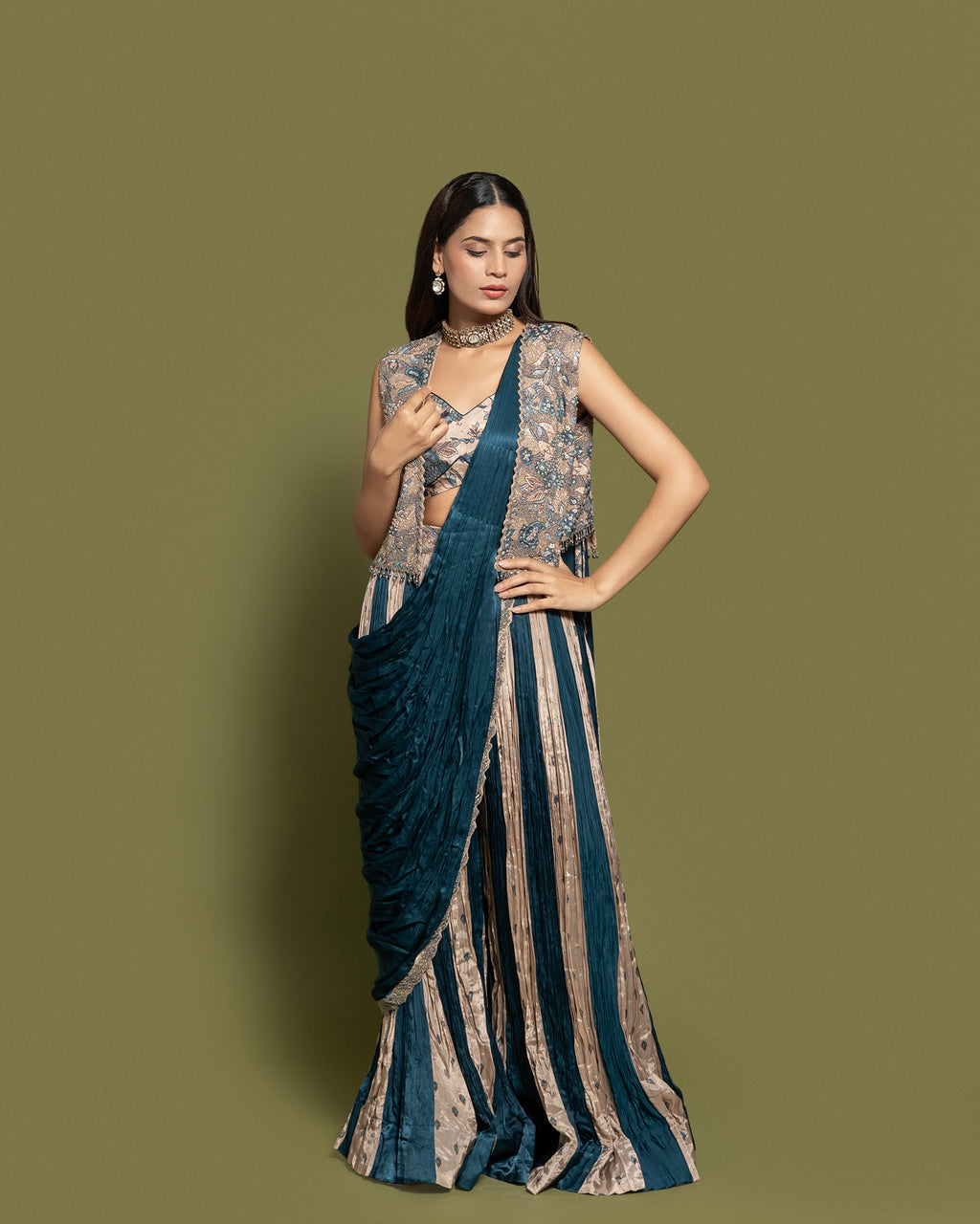 TEAL & BEIGE PRE-DRAPED SAREE