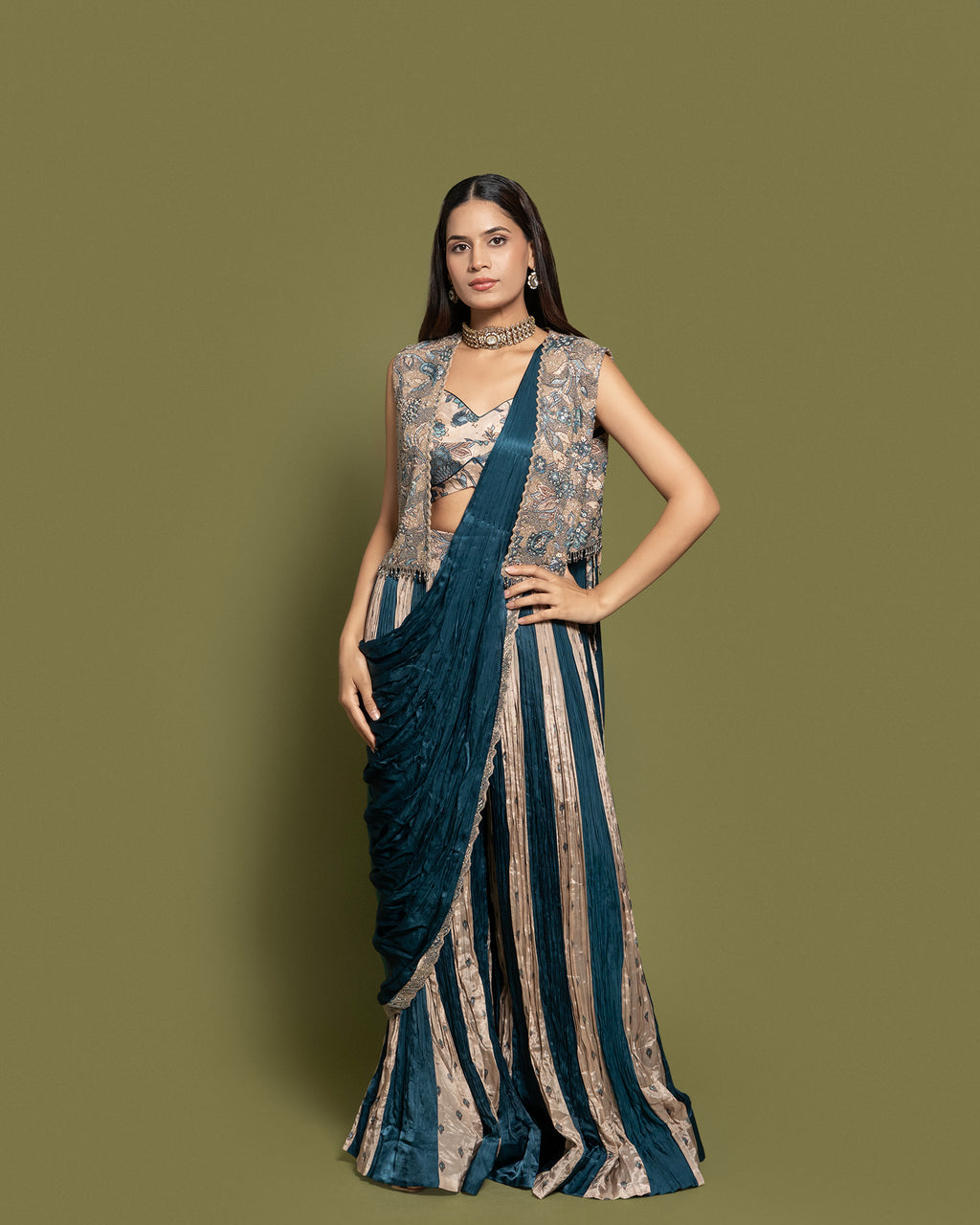 TEAL & BEIGE PRE-DRAPED SAREE