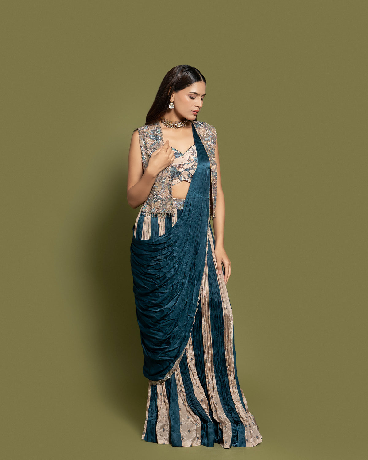 TEAL & BEIGE PRE-DRAPED SAREE