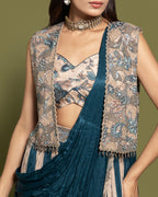 TEAL & BEIGE PRE-DRAPED SAREE